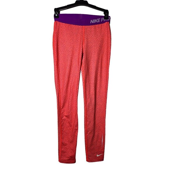 Nike Pro Girls Orange and Purple Polka Dot Leggings Size Large Active Athletic - Picture 1 of 12